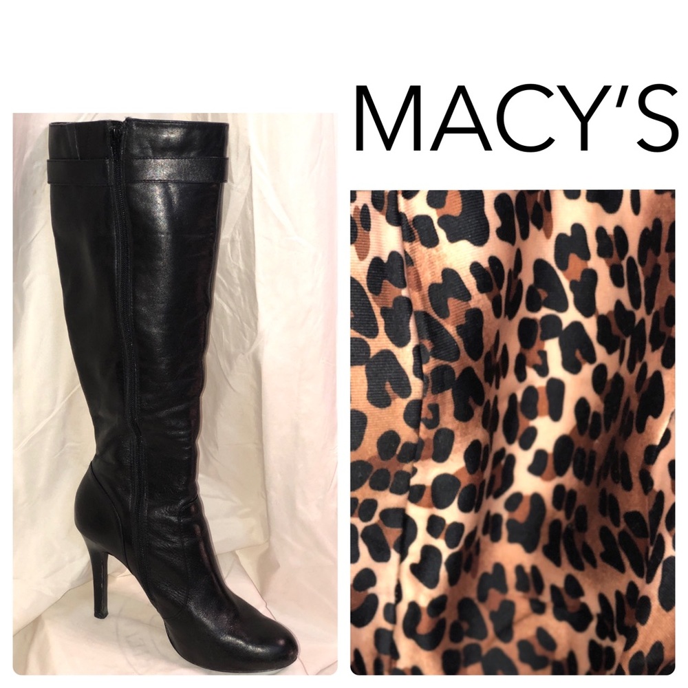 Black leather knee high thin heel boots